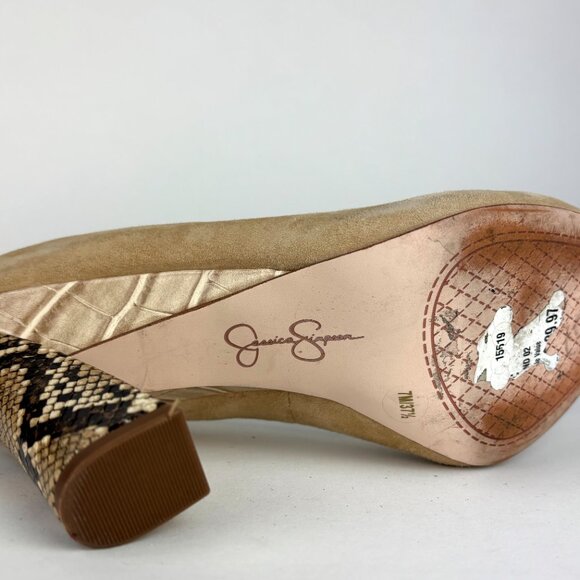 Chic Jessica Simpson Suede Pumps with Snakeskin Block Heels – Size 7.5 - Picture 10 of 13